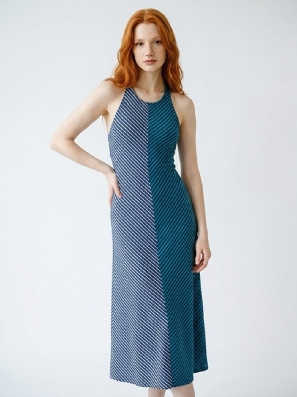 GAP Sleeveless Striped Midi Dress in Teal and Navy